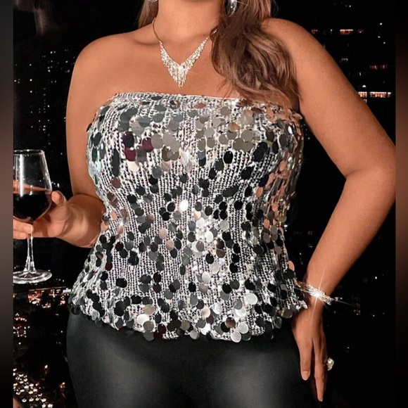 Luxe Plus Size Sequin Strapless Tube Evening Party Formal Top Shirt Silver - Picture 1 of 6